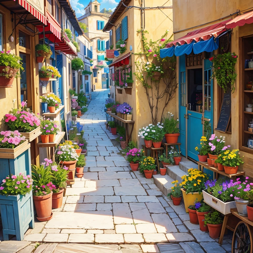 painting of a street with a flower shop , flowers, beautiful art uhd 4 k, a beautiful artwork illustration, beautiful digital painting, highly detailed digital painting, beautiful digital artwork, a bustling magical town, mediterranean fisher village, mediterranean city, detailed painting 4 k, ancient mediterranean village, very detailed digital painting, rich picturesque colors, gorgeous digital painting
