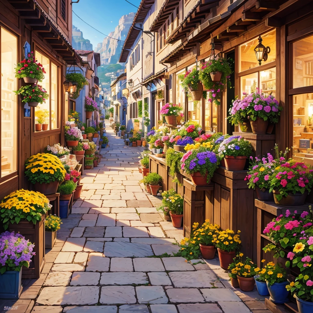 painting of a street with a flower shop , flowers, beautiful art uhd 4 k, a beautiful artwork illustration, beautiful digital painting, highly detailed digital painting, beautiful digital artwork, a bustling magical town, mediterranean fisher village, mediterranean city, detailed painting 4 k, ancient mediterranean village, very detailed digital painting, rich picturesque colors, gorgeous digital painting