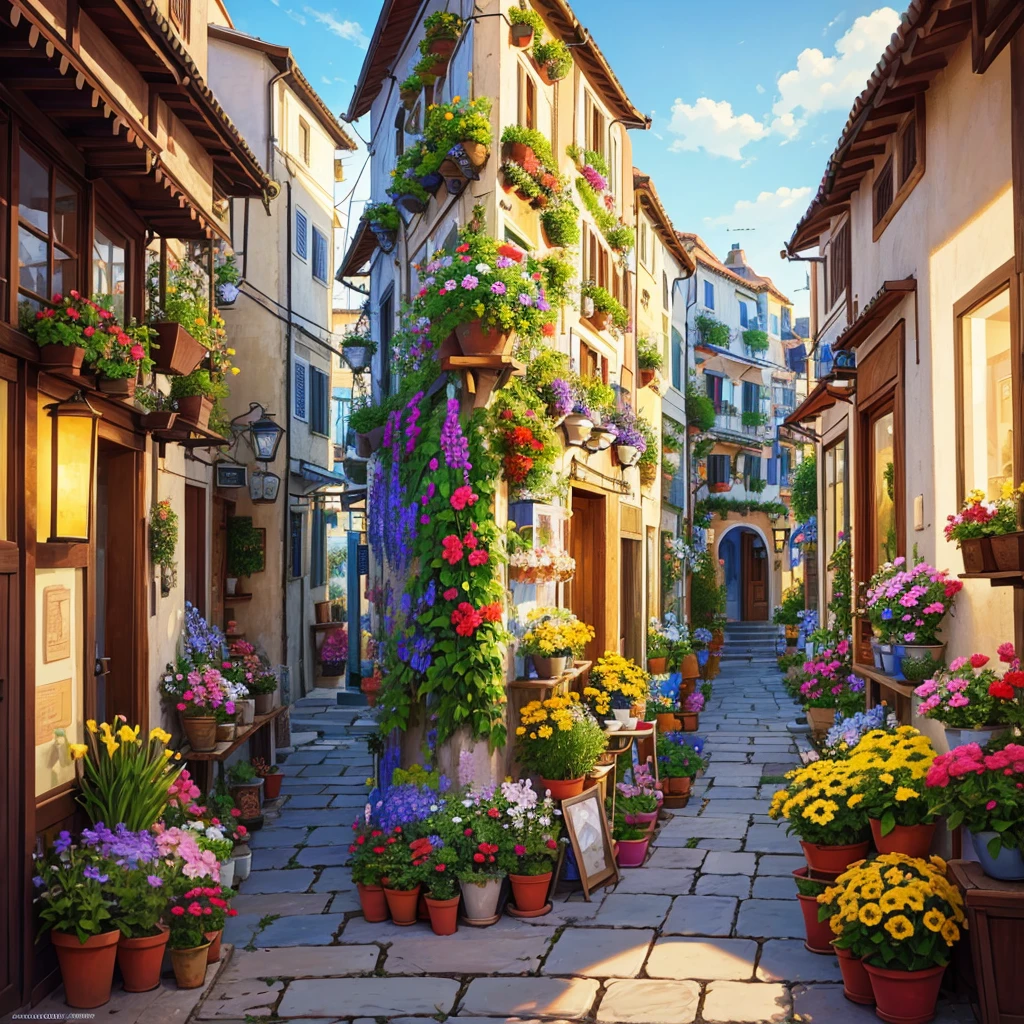 painting of a street with a flower shop , flowers, beautiful art uhd 4 k, a beautiful artwork illustration, beautiful digital painting, highly detailed digital painting, beautiful digital artwork, a bustling magical town, mediterranean fisher village, mediterranean city, detailed painting 4 k, ancient mediterranean village, very detailed digital painting, rich picturesque colors, gorgeous digital painting