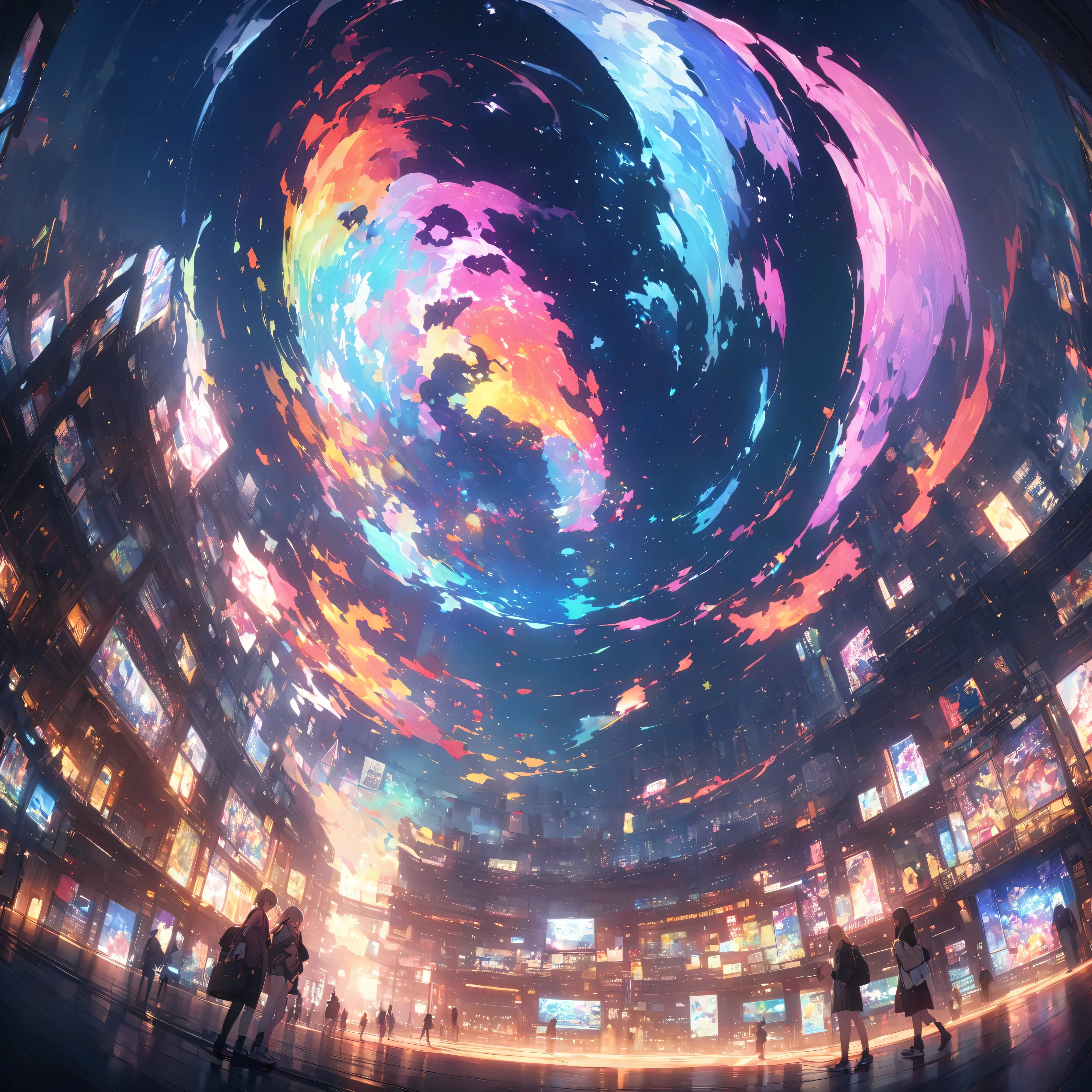 (panorama, center, masterpiece, Highest quality: 1.2), (8k, RAW Photos, Highest quality), ((masterpiece:1.2)), Genuineistic, Ultra-high resolution, High Contrast, Photon Mapping, Bright colors, Genuine, Very detailedな, Very detailed, RAW Photos, Genuine, Official Art, RAW Photos, Professional Lighting, Light, Professional Writing, twiceLight, Vivid atmosphere, High-definition CG, Unity 8K), The girl in the middle of the people's teeth、With a white kitten、穏やかな表情でPeople around me々々Please be kind、Your teeth spread out towards the starry sky、It symbolizes the expansion of the mind..。People around me々々Also、We treat each other with kindness and gratitude.、The overall atmosphere is warm。This painting is teeth、DayTo feel compassion for others and expand your heart in your daily life、people々It depicts how people should behave politely and calmly..。In the background there is a wide universe and a starry sky.、people々under which they live in kindness and harmony.。The scene on the left shows Day-chan's polite behavior.、Day々◼ Shows the importance of kindness and politeness in life。Background space and stars々teeth、Emphasizing that our smallest actions are connected to the grandeur of the universe、I feel a sense of abundance and peace of mind.。This painting is teeth、With kindness and an open mind、自分自身とPeople around me々々It represents a day that brings harmony and peace to the world.。