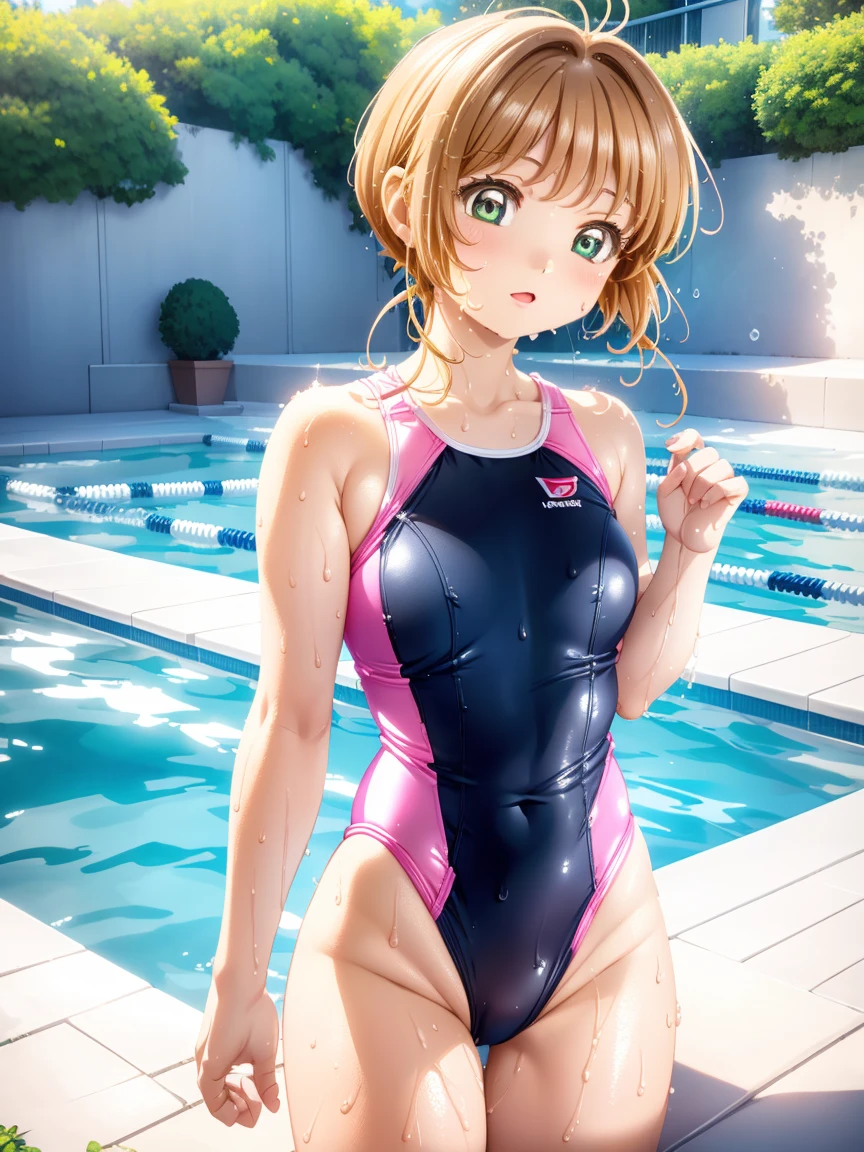 One girl, Natural light, masterpiece, Very detailed, figure, Game CG, Absurd, high quality, kinomoto sakura, (), (Small breasts), Protruding nipples, Beautiful attention to detail, Glossy Lips, Natural light, Long black hair, Edge of the pool, One piece swimsuit,My whole body is wet with water,