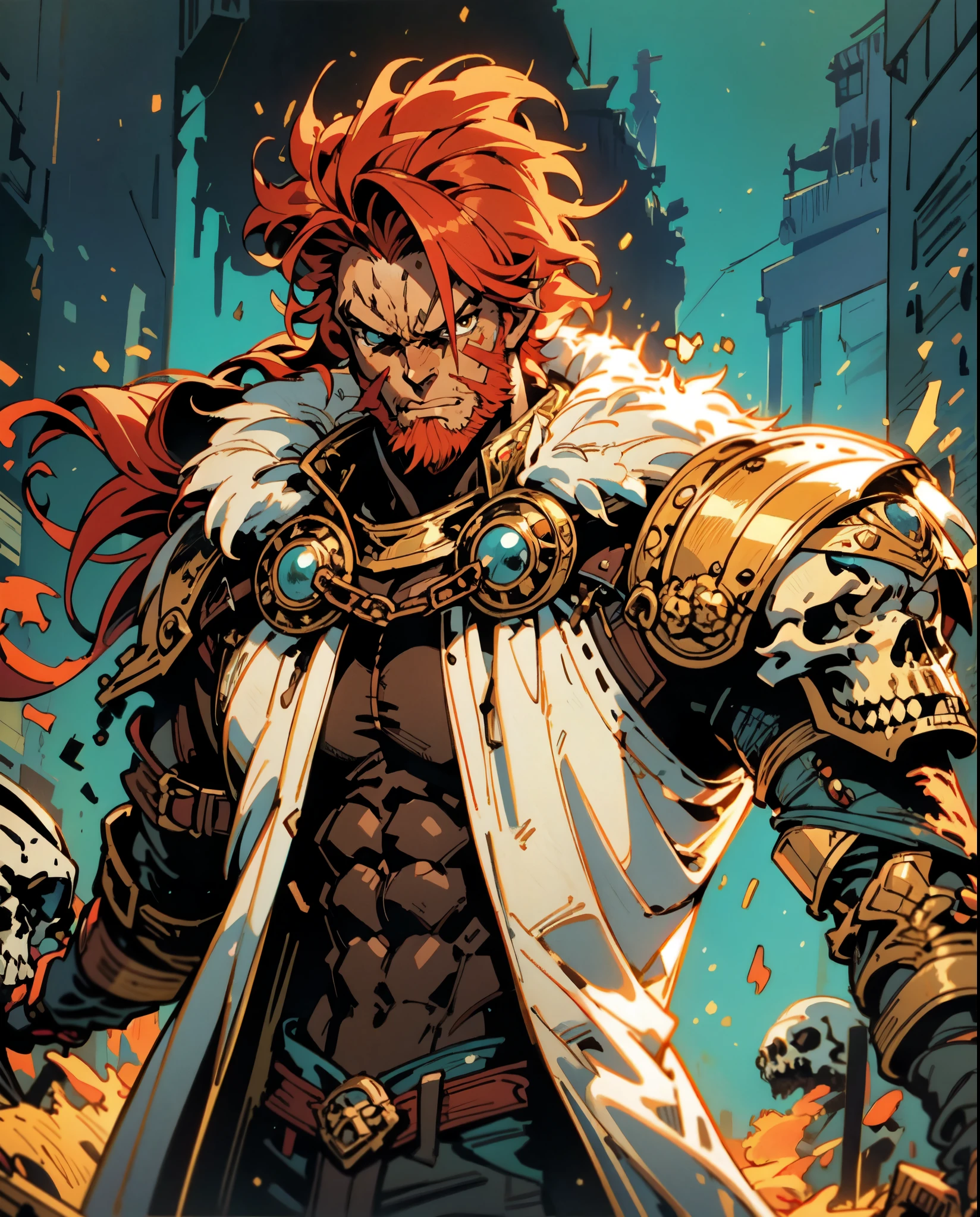 (masterpiece:1.2, best quality:1.2, extremely delicate:1.2), ((male:1.5)), a man with disheveled long orange and red hair, (no eyebrows:1.2), deep-set eyes, (a long scar on the right side of his face:1.2), rough features, (a full beard:1.2), a dissatisfied expression, a tall and muscular build, a post-apocalyptic fantasy-style wilderness coat with no sleeves, fur around his shoulders and neck, a half-damaged monster skull hanging in the middle of his chest, has spiked shoulder guards, revealing his muscular abs, stands in a post-apocalyptic fantasy-style desolate town, this character embodies a finely crafted post-apocalyptic fantasy-style overlord in anime style, exquisite and mature manga art style, dramatic, high definition, highres, ultra-detailed, ultra-fine painting, professional, perfect body proportions, golden ratio, anatomically correct, symmetrical face, extremely detailed eyes and face, high quality eyes, creativity, RAW photo, UHD, 32k, Natural light, cinematic lighting, masterpiece-anatomy-perfect
