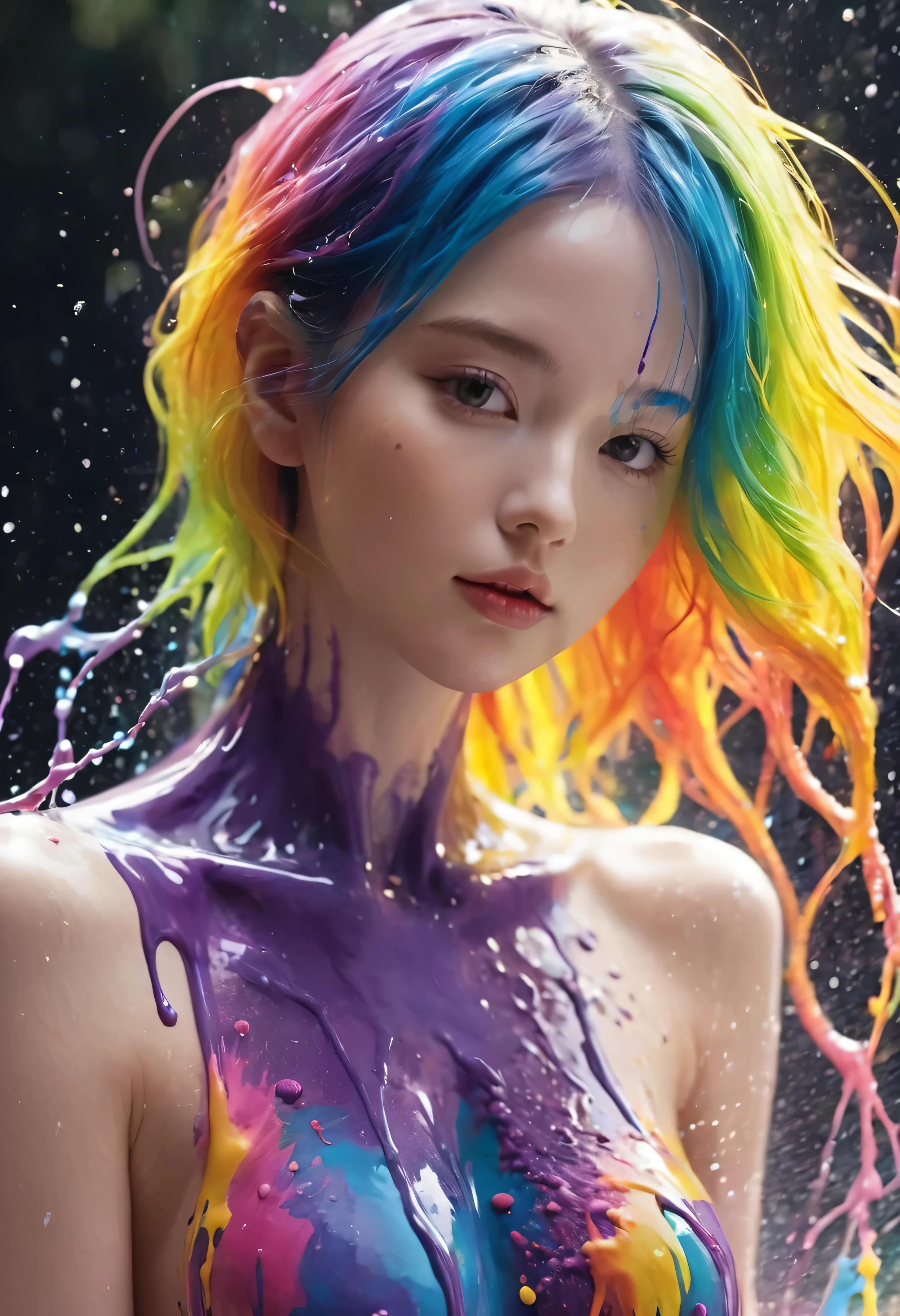 (Level Difference:1.8),(Paints collide and splatter on the canvas),(Depth of written boundary),(Flat Color:1.1,(theme)),1 girl,Poster,14 years old, Young face, (Liquid dye applied to naked skin:1.4), Full body woman love,Strong winds,thick smoke,,(liquid dye for rainbow hair:1.1) Painted，anti-gravity,stringy viscous liquid,(Paint splashes:1.3),liquidity,Stunningly beautiful, masterpiece, Detailed Background,Super high quality model, Fantastic Background,Abstract Beauty, Volume, Painting,Blowing,Romantic lighting,Scattered beneath the surface,Shine,8k,High resolution, wonderful,Ray Tracing,Human Development Report,Divine Light,