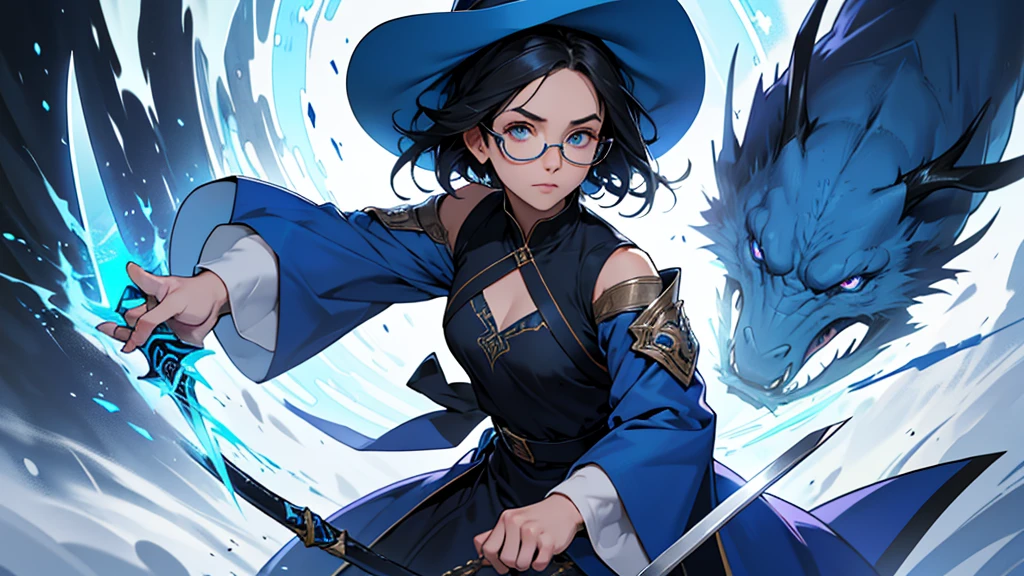 4k ultra high quality, human woman, sharp blue eyes, round face, small slightly upturned nose, curious expression, shoulder length blue-black hair, wearing modest blue dress, wearing a very big oversized blue wizard hat and spectacles holding out a sword