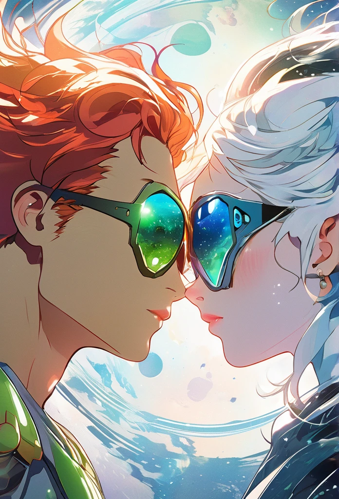 Two main characters staring at each other intensely. The woman has curly red hair that falls long over her shoulders., with eyes that mix the colors of honey and green. The man has short white hair with shades of light blue, gray blue eyes and a blue tattoo that runs up his neck. The cover background displays a planet in shades of white and blue, creating an ethereal and futuristic setting. The characters' expressions are profound, suggesting an emotional connection and an engaging story. Soft lighting highlights the details of faces and the vibrant colors of hair and eyes, while the planet in the background adds a touch of mystery and fantasy.