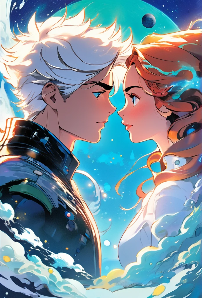 Two main characters staring at each other intensely. The woman has curly red hair that falls long over her shoulders., with eyes that mix the colors of honey and green. The man has short white hair with shades of light blue, gray blue eyes and a blue tattoo that runs up his neck. The cover background displays a planet in shades of white and blue, creating an ethereal and futuristic setting. The characters&#39; expressions are profound, suggesting an emotional connection and an engaging story. Soft lighting highlights the details of faces and the vibrant colors of hair and eyes, while the planet in the background adds a touch of mystery and fantasy.