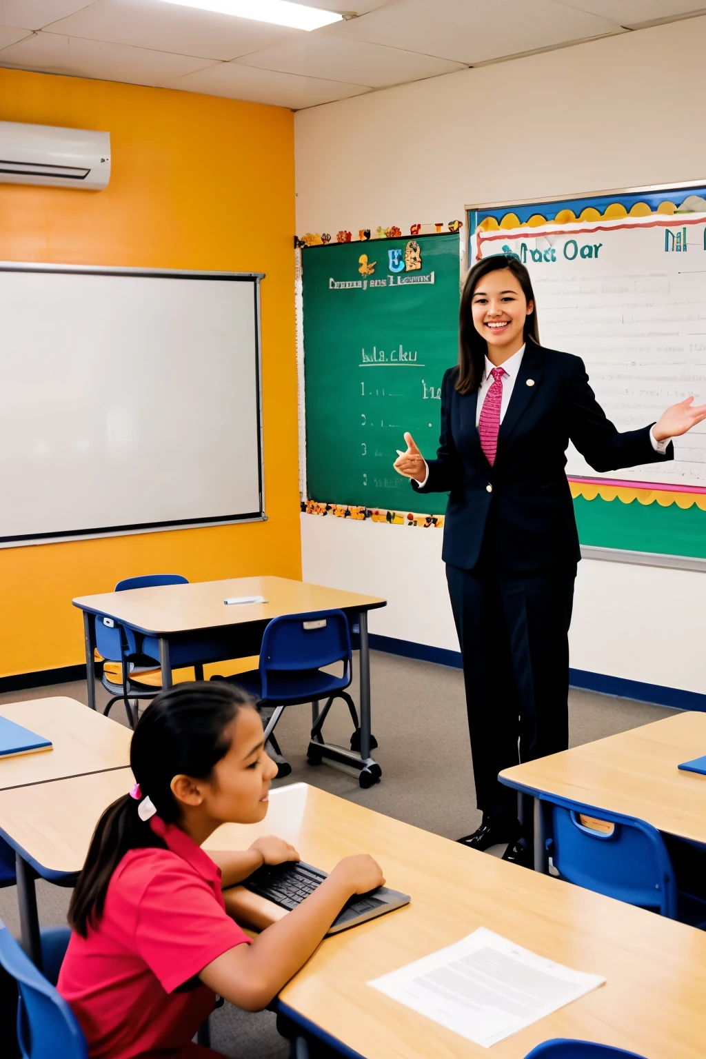 Teacher teaches students in a smart classroom