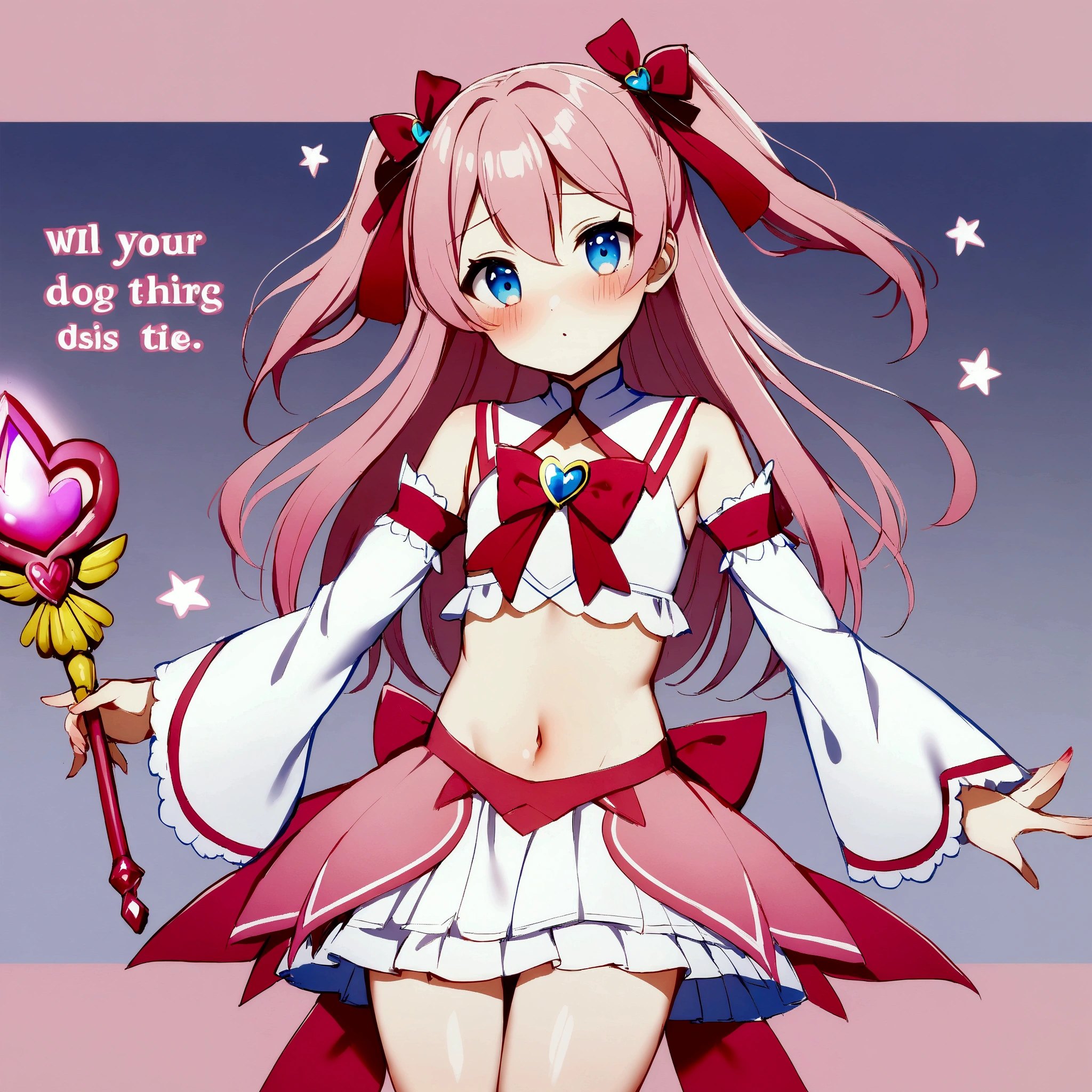 1girl, blue eyes, blush, crossdressing, detached sleeves, english text, hair ribbon, long hair, magical girl, male focus, midriff, navel, otoko no ko, pink hair, ribbon, skirt, solo, two side up, wand