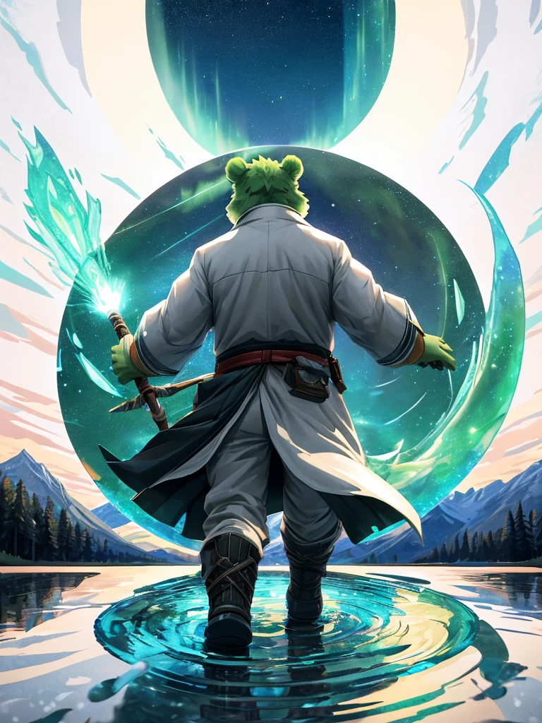 anthro, kemono, male, solo, (((green bear))), (((green fur))), green hair, beard, white eyebrows, red eyes, mature, mage staff, magic, (black t-shirt inside), (((white unhooded trench coat ))), gray trousers, military boots, [(white background:1.5),::5] (isometric:1.0), double exposure, bubble, mid shot, full body, // masterpiece, best quality,(colorful),(finely detailed beautiful eyes and detailed face),cinematic lighting,bust shot,extremely detailed CG unity 8k wallpaper,back-view, looking back, visible shoulders, walking on pond, water reflection, pond, medium breast, aurora sky, night sky, galaxy sky, horizon, mountains, forest, moon