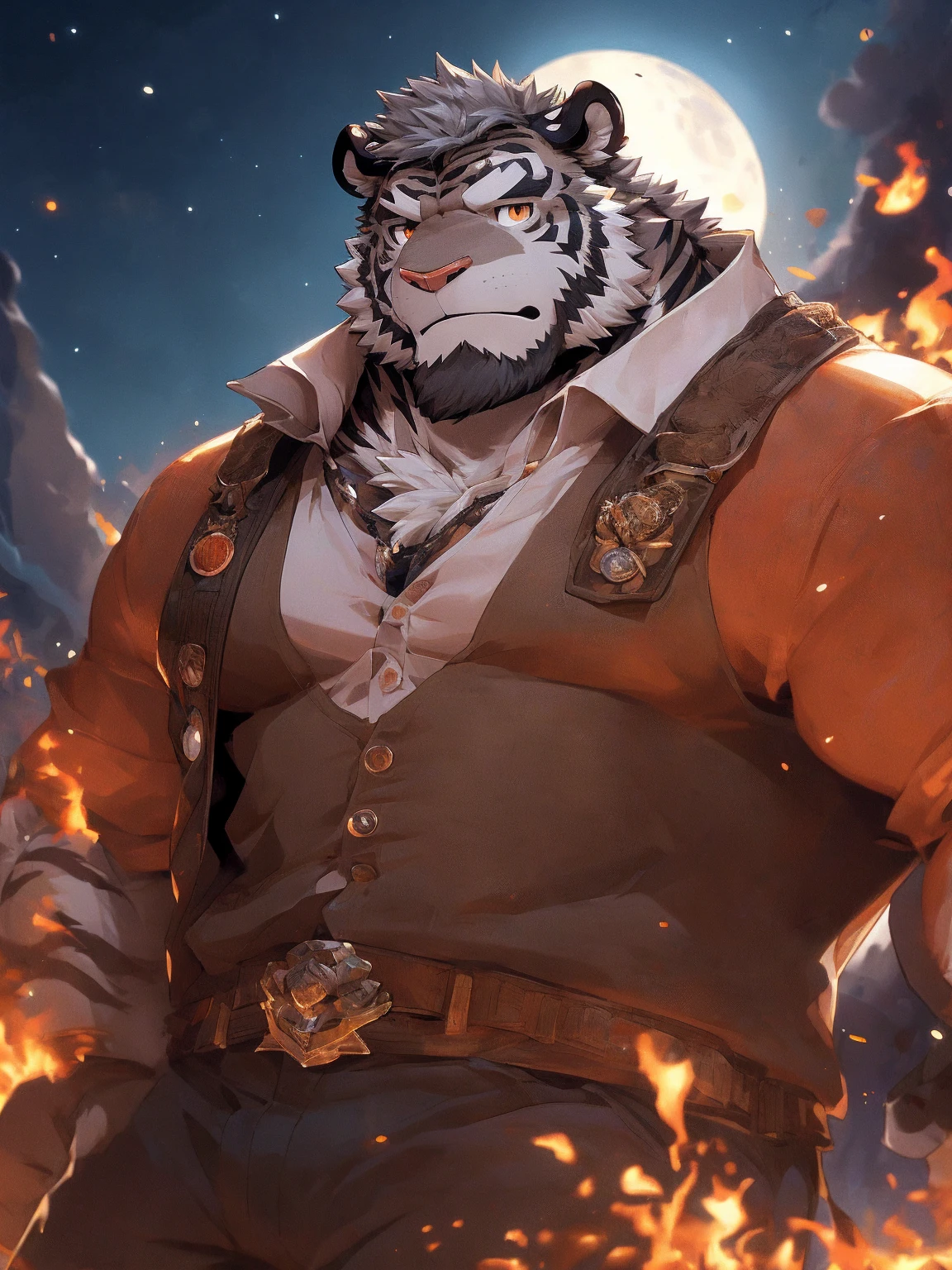 human nature, Wildlife, male,36 years old,Uncle, solitary, ((Round Face, The face is plump,Orange eyes,Thick grey hair,Little furry ears,with decorations)), ((Endomorph, Handsome的,)), (construction worker,White architectural clothing,), ((domestic gray tiger, Tiger Orc,) Fluffy fur, Fluffy), Bokeh, (high quality, high resolution, masterpiece), (Dynamic Lighting, Vibrant colors,Natural fill light), (Revitalize,Handsome,tired), Full body picture (close up), cartoon, author:Takemoto Arashi, From zixiong, By Chunni, author:Empty Ghost,moonlight,Quiet rest in the dark night,符合中年Uncle的房间,Sit by the fire,明亮的moonlight,Quiet wilderness at night,Nostalgia for the past(background:Desolate wilderness,Just some bushes and a fire.)