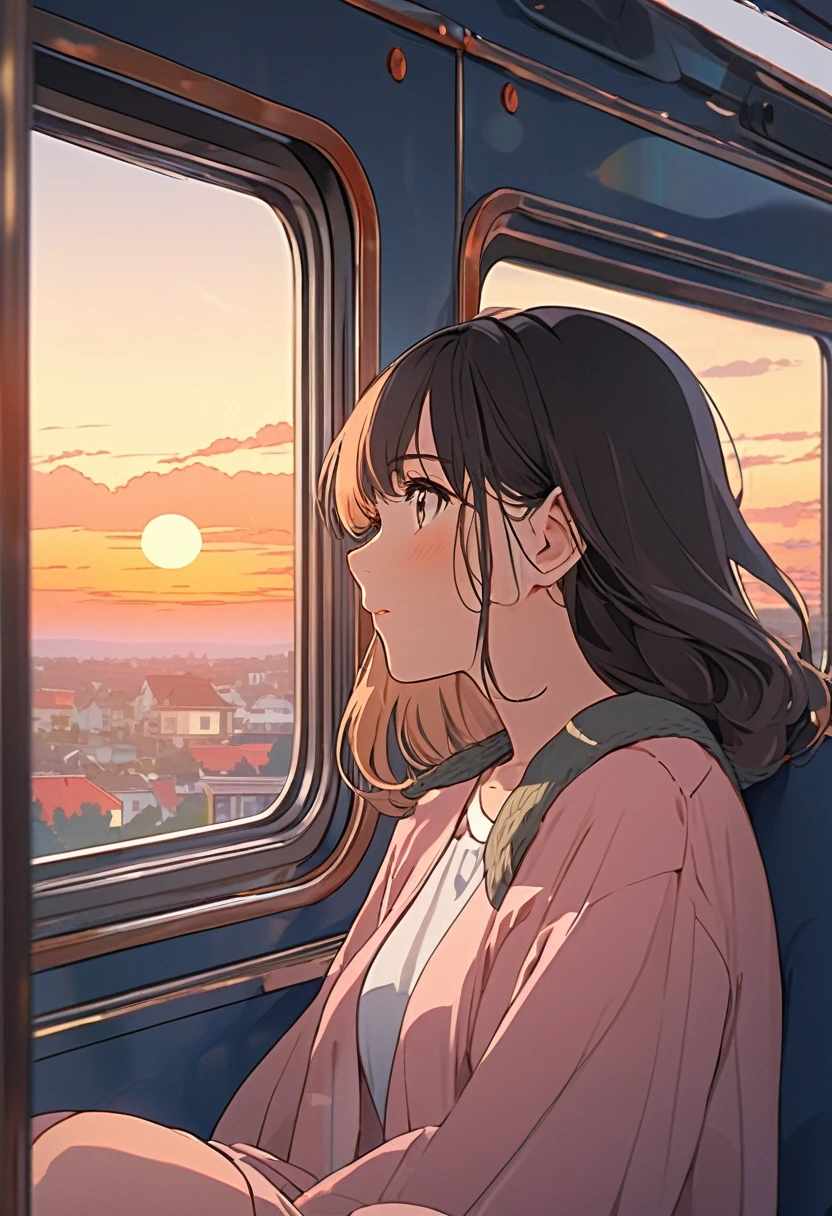 Anime girl sits on a train and looks out the window., beautiful anime pictures, Portrait of Lofi at a window, beautiful anime girl, Portrait of Lofi, Lofi girl, Portrait of an anime girl, Gwaites style artwork, high quality vertical, with the sunset, Attractive anime girl, cute anime girl, Draw a realistic picture of a cute girl., anime style. 8ก