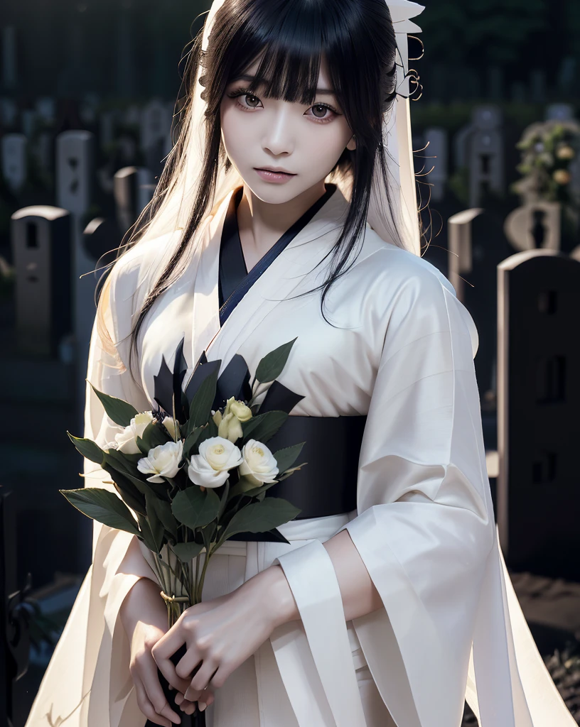 Highest quality, 32k, High resolution, Masterpiece, marimo_jet, Ghosts wandering the cemetery at night, Dark atmosphere, Evoking a sense of calm and elusive beauty, Expressing emotions, Have a rich imagination, Beautiful Japanese Girls, An exceptionally beautiful face, Small Face Beauty, , Perfect Human Anatomy, Magical big eyes, Fleeting Expression, Super Long Straight Silk Hair, Asymmetrical bangs, Hair between the eyes, Pale skin, Sharp eyebrows, Thin lashes, Natural Makeup, ((Simple white kimono:1.6)), ((Japanese Cemetery:1.5)), ((Simple gravestone)), ((Midnight Darkness:1.7)), ((Pitch black night sky:1.5)), Professional photographer, Professional Lighting, Professional models