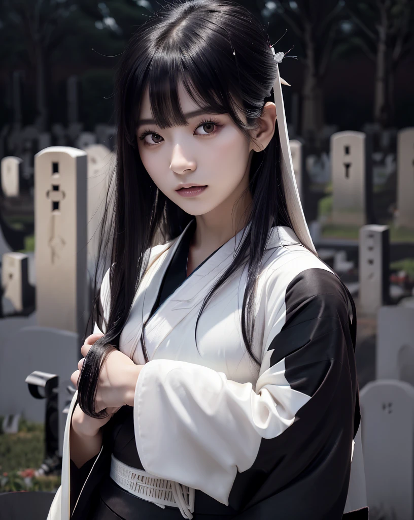 Highest quality, 32k, High resolution, Masterpiece, marimo_jet, Ghosts wandering the cemetery at night, Dark atmosphere, Evoking a sense of calm and elusive beauty, Expressing emotions, Have a rich imagination, Beautiful Japanese Girls, An exceptionally beautiful face, Small Face Beauty, , Perfect Human Anatomy, Magical big eyes, Fleeting Expression, Super Long Straight Silk Hair, Asymmetrical bangs, Hair between the eyes, Pale skin, Sharp eyebrows, Thin lashes, Natural Makeup, ((Simple white kimono:1.6)), ((Japanese Cemetery:1.5)), ((Simple gravestone)), ((Midnight Darkness:1.7)), ((Pitch black night sky:1.5)), Professional photographer, Professional Lighting, Professional models