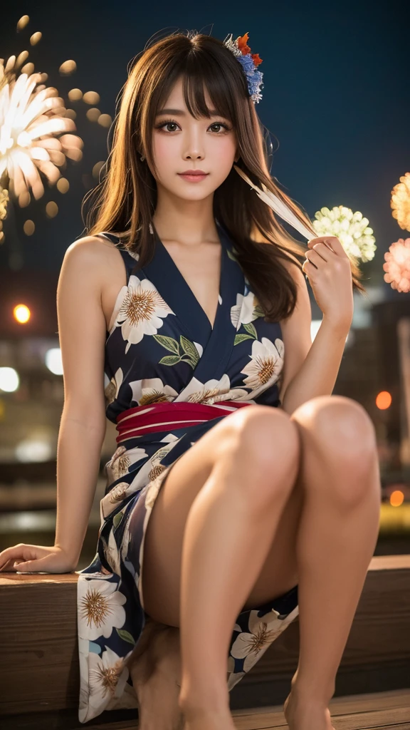 (Highest quality, 8k, masterpiece: 1.3),double eyelid　Fine grain　Highly detailed face and skin　Beautiful legs　Fireworks display　yukata