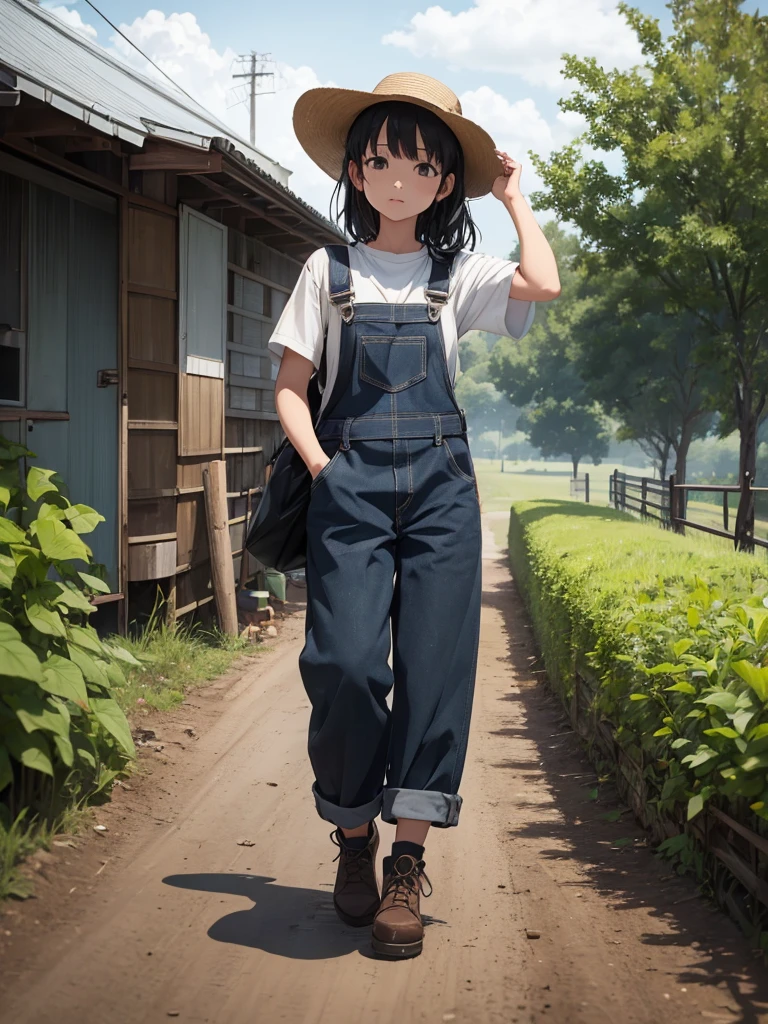 Kanao, 1girl, as a farmgirl, wearing an overalls and hat, at a farm, black colour hair, 8k, high detailed, high quality, full body