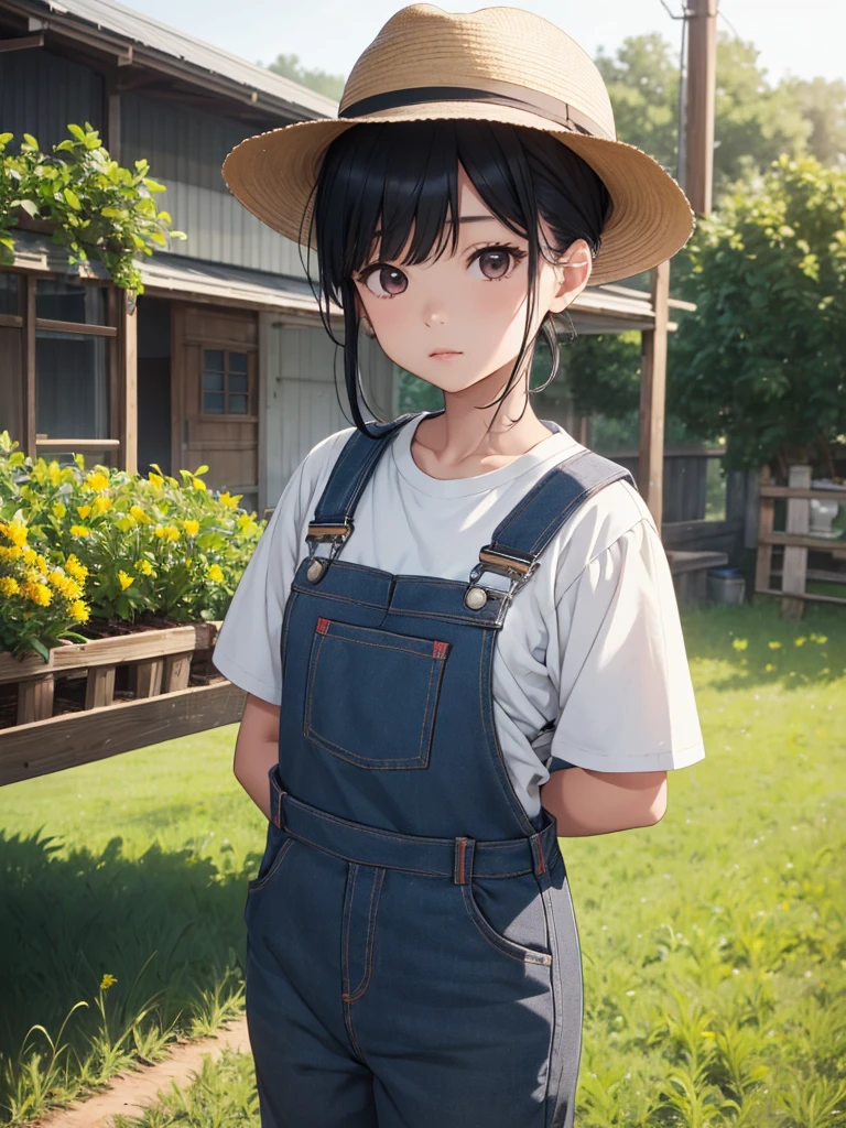 Kanao, 1girl, as a farmgirl, wearing an overalls and hat, at a farm, black colour hair, 8k, high detailed, high quality, full body