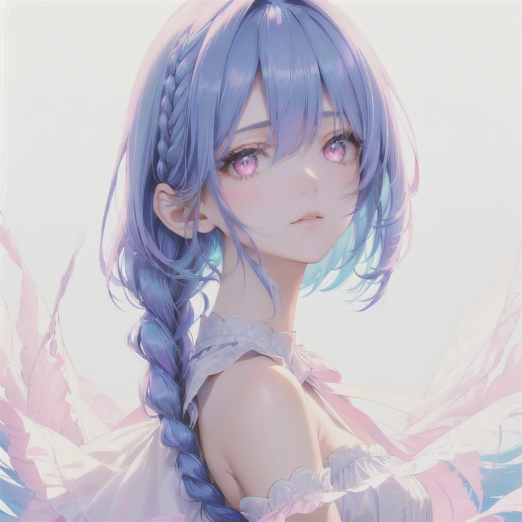 Sky Blue Medium Hair, (Braided Hair),(Pink Eyes),Fair skin ,(whole body),(1 girl)、Straight bangs,(masterpiece, Highest quality, Very detailed, Best Shadow), (Detailed Background), (Beautifully detailed face), High Contrast, (Best lighting, Very delicate and beautiful), ((Cinematic Light)), colorful, Hyper Detail, Dramatic Light, Intricate details,