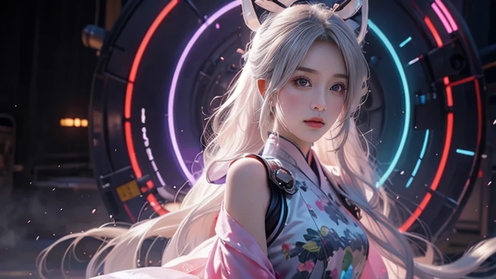 1 Girl Solo, perfect_hand, (8k, RAW photos, best qualtiy, tmasterpiece:1.2), (realisticlying, photograph realistic:1.4), (Very detailed CG Unity 8k wallpaper), full bodyesbian, (neonlight), Machop, Robotic arm, Hanfu, Chinese outfit, shift dresses,Hair aperture,upper body shot, nsfw