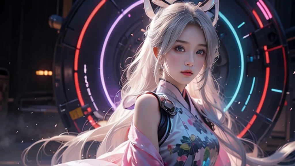 1 Girl Solo, perfect_hand, (8k, RAW photos, best qualtiy, tmasterpiece:1.2), (realisticlying, photograph realistic:1.4), (Very detailed CG Unity 8k wallpaper), full bodyesbian, (neonlight), Machop, Robotic arm, Hanfu, Chinese outfit, shift dresses,Hair aperture,upper body shot, nsfw