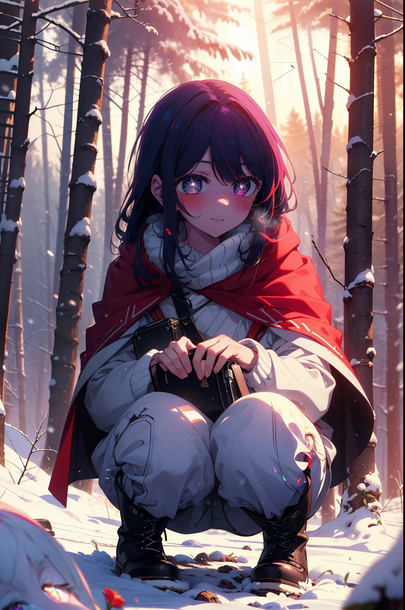 aihoshino, Ai Hoshino, Long Hair, bangs, (Purple eyes:1.1), Purple Hair, (Symbol-shaped pupil:1.5), smile,,smile,blush,white breath,
Open your mouth,snow,Ground bonfire, Outdoor, boots, snowing, From the side, wood, suitcase, Cape, Blurred, , forest, White handbag, nature, Squat, Mouth closed, Cape, winter, Written boundary depth, Black shoes, red Cape break looking at viewer, Upper Body, whole body, break Outdoor, forest, nature, break (masterpiece:1.2), Highest quality, High resolution, unity 8k wallpaper, (shape:0.8), (Beautiful and beautiful eyes:1.6), Highly detailed face, Perfect lighting, Highly detailed CG, (Perfect hands, Perfect Anatomy),