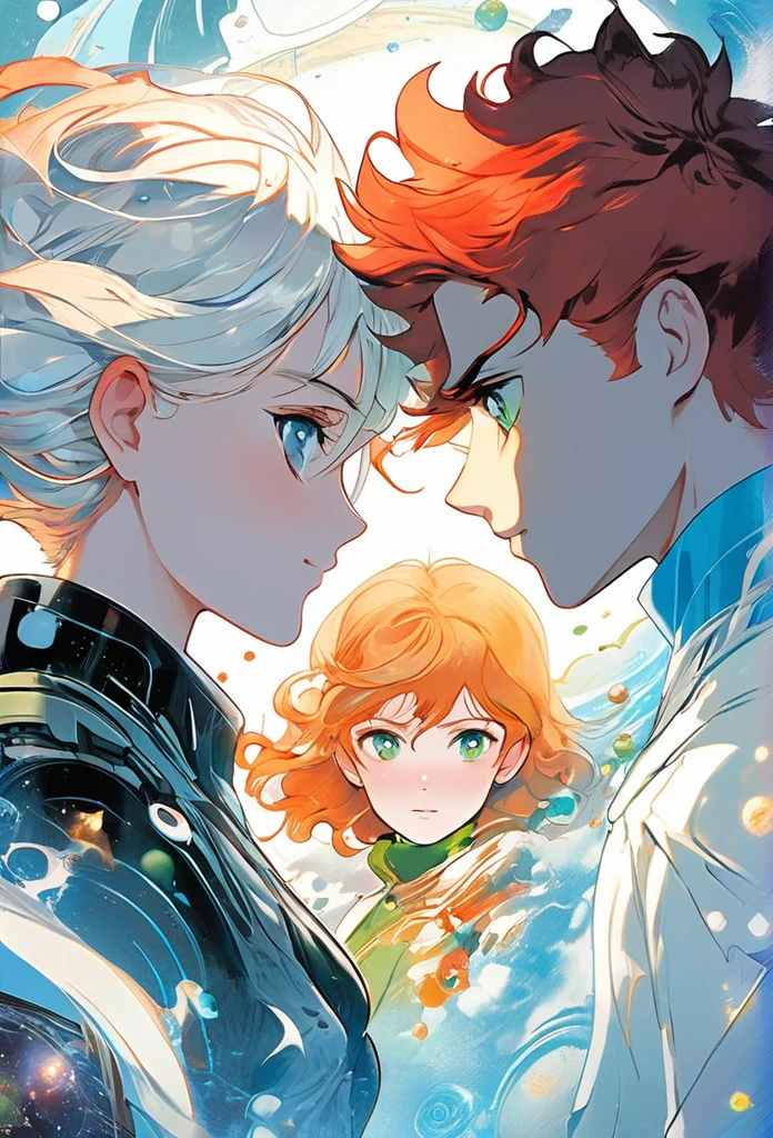 Two main characters staring at each other intensely. The woman has curly red hair that falls long over her shoulders., with eyes that mix the colors of honey and green. The man has short white hair with shades of light blue, gray blue eyes and a blue tattoo that runs up his neck. The cover background displays a planet in shades of white and blue, creating an ethereal and futuristic setting. The characters&#39; expressions are profound, suggesting an emotional connection and an engaging story. Soft lighting highlights the details of faces and the vibrant colors of hair and eyes, while the planet in the background adds a touch of mystery and fantasy.