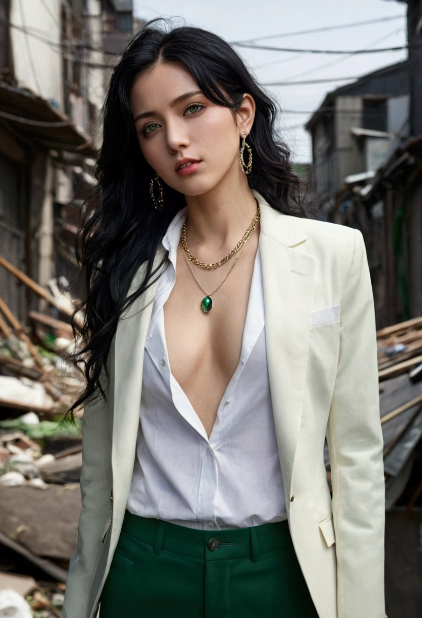 (masterpiece, best quality, highres, ultra-detailed), 1woman, long wave black hair, green eyes, handsome, detailed eyes and face, perfect body, earrings, ear piercing,  unbuttoned black blazer, white shirt, trousers, bare collarbones, chain necklace, city slums background, by amano akira