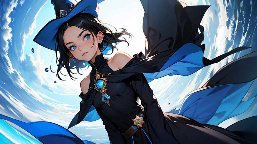 4k ultra high quality, human woman, sharp blue eyes, round face, small slightly upturned nose, curious expression, shoulder length blue-black hair, wearing modest blue dress, wearing a way too big for her head oversized blue wizard hat