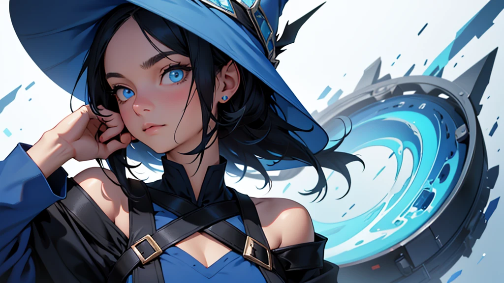 4k ultra high quality, human woman, sharp blue eyes, round face, small slightly upturned nose, curious expression, shoulder length blue-black hair, wearing modest blue dress, wearing a way too big for her head oversized blue wizard hat