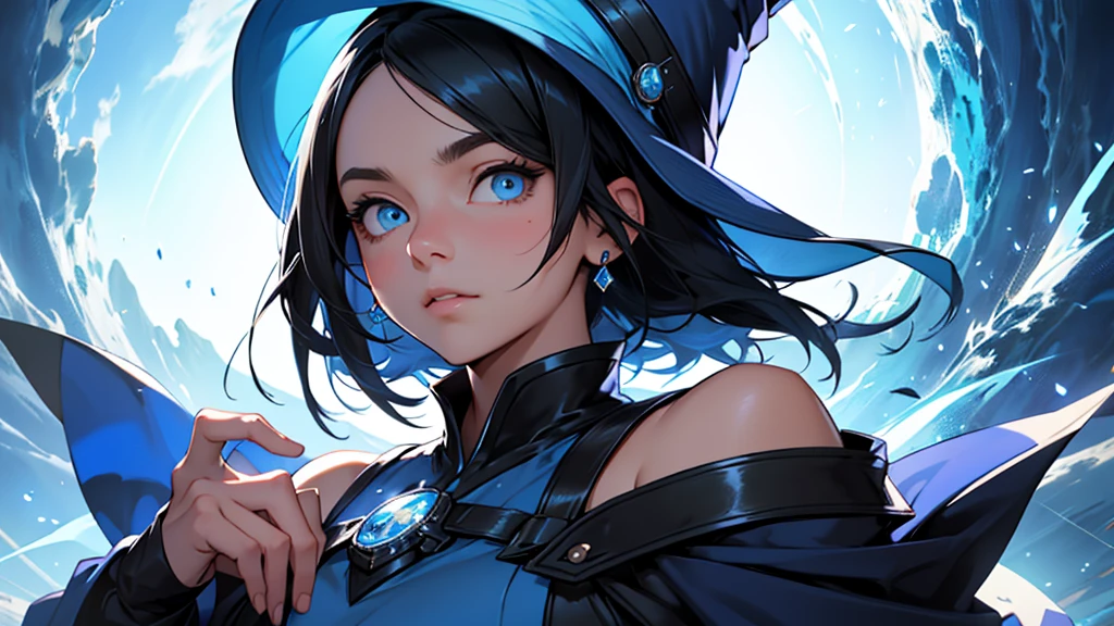 4k ultra high quality, human woman, sharp blue eyes, round face, small slightly upturned nose, curious expression, shoulder length blue-black hair, wearing modest blue dress, wearing a way too big for her head oversized blue wizard hat