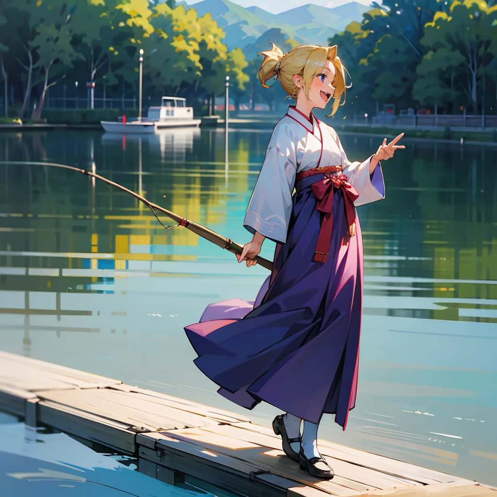 1female, Blonde Hair, Purple Hanbok, Slick Back Hair, White Flats, Traditional Korean Attire, Blue Eyes, Laughing, , Fisherman, Adult Female, Lake, Standing by the Water