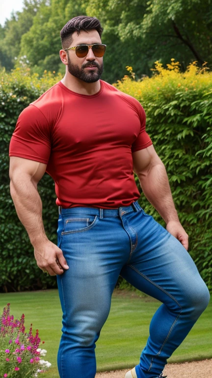 Hd, hdr, cinematic, Handsome 40 years old tall indian thick beared daddy man masculine strong bodybuilder weared tight red tee shirt, blue jeans pant with soccer football shoes, socks, erect bulge, black hair color, Pain is raging on face, wide muscular shoulders, wide hairy chest, abs, masculine wide triceps, arms, biceps, big masculine hairy legs, wide thighs, calfs, black haired, hair falls on your face, Mesmerizing brown eye, sunglasses, standing in garden with spread legs, masterpieces, seductive, erotic, exotic, head to toe view, head to toe, from front view, head is tilted backward, hot poses,