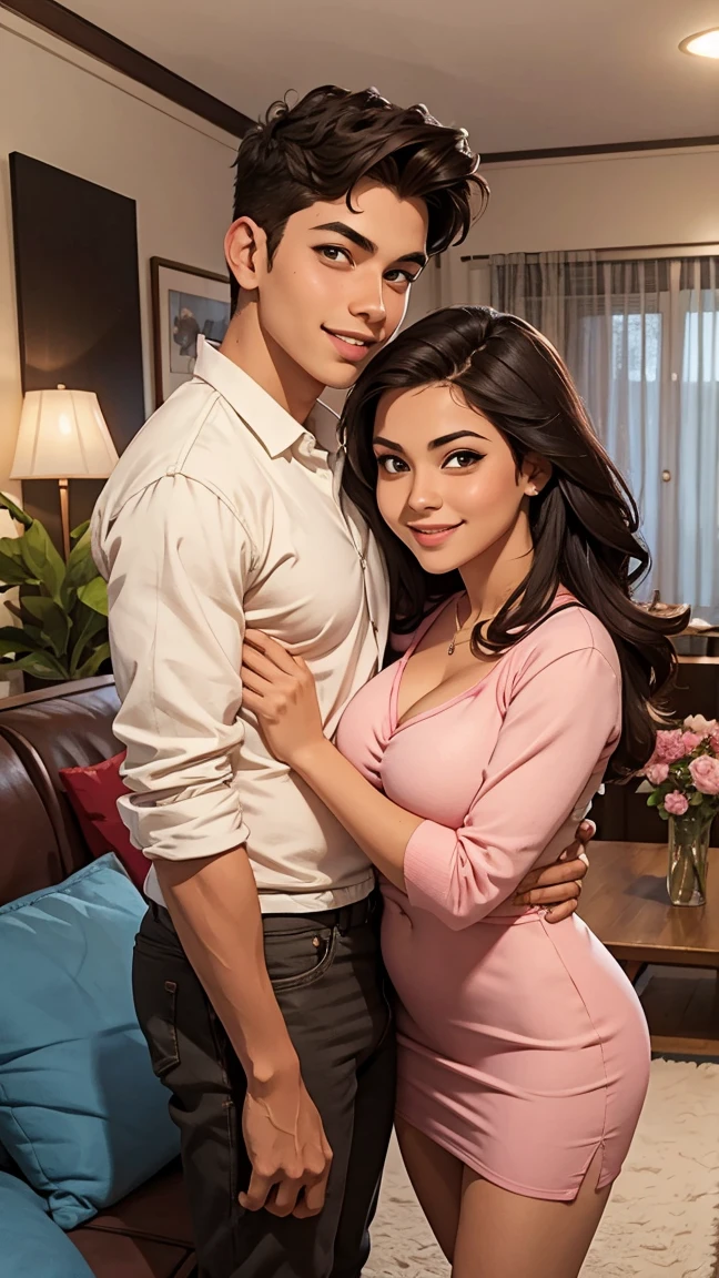 Busty woman and boy. couple. aunty. Revealing casual outfit. seducing smile, livingroom
