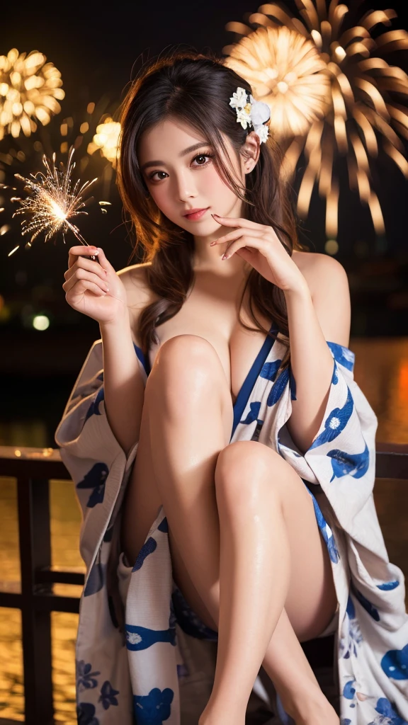 (Highest quality, 8k, masterpiece: 1.3),double eyelid Fine grain Highly detailed face and skin Beautiful legs Fireworks display yukata