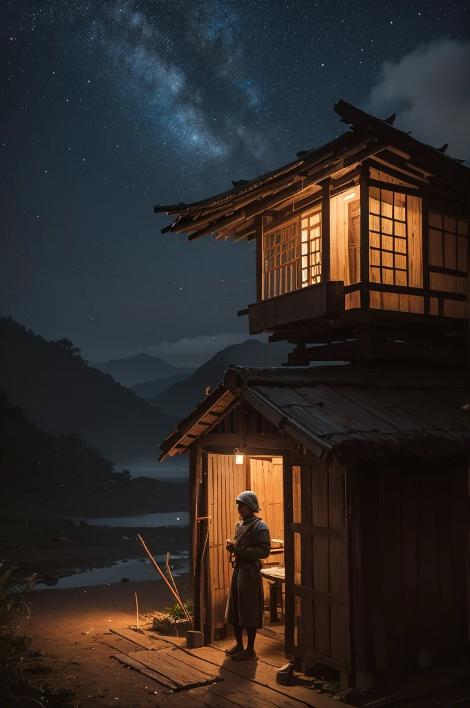 A senarian with a hut at dark and raining night