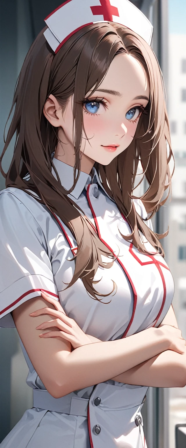 Nurse.A professional image full of love and responsibility。Hospital background(best quality:1.2), (High resolution:1.2), (beautiful face and eyes:1.2), (sharpest focus:1.2), (Hyper-realistic photos:1.2), (Super accurate photos:1.2), (Depth of Field:1.2), (perfect anatomy:1.2), (Beautiful hands:1.2), (perfect hands:1.2), (Wearing a crisp white nurse's uniform,Wearing a nurse hat and a slender figure,Elegant manners, generous appearance and kind face,Gentle and considerate eyes),