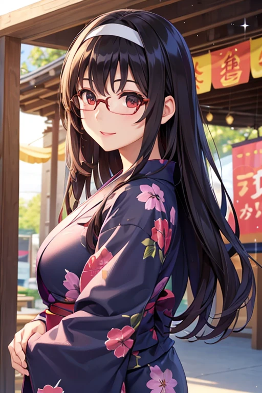 Poetry of the Hills、Shiny black hair, Long Hair, (Beautiful brown eyes、Sparkling eyes, Fine grain)、smile、Ultra-detailed eyes、Highly detailed face, Highly detailed eyes, 

masterpiece、High resolution、High resolution、High resolution、1 female、(Woman close up)、((Depiction of only the upper body))、
、((Round frame glasses))、Pink Lip Gloss、((yukata))(())、優しいsmile、blush、Smiling with teeth showing、((Festival food stalls))、