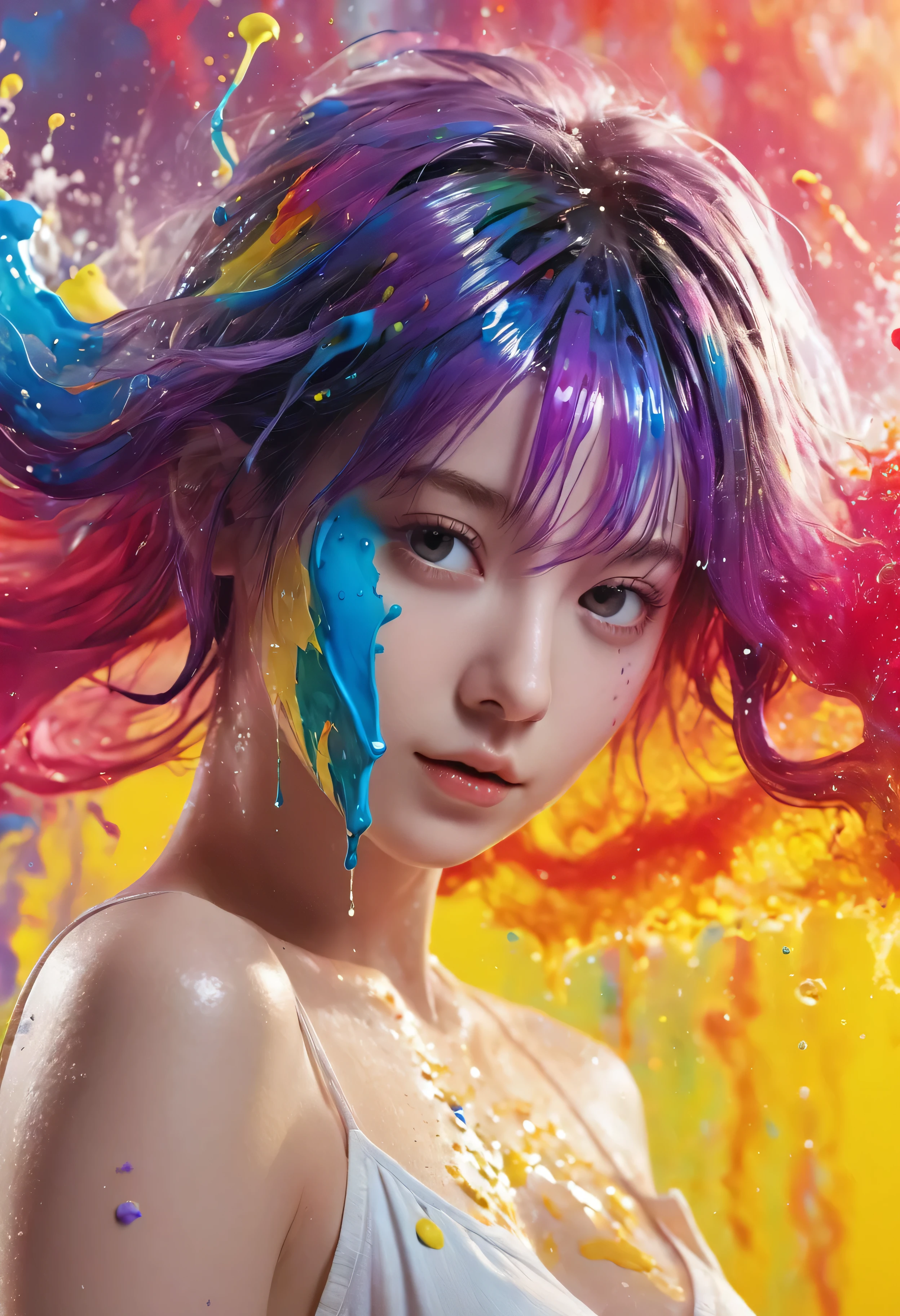 (level difference:1.8),(Paint collides and splatters on the canvas),(written boundary depth),1 girl, , Japanese, (Liquid Paint Rainbow Hair:1.1) paint、defy gravity,thick stream,(Paint splatters:1.3),liquid state,amazingly beautiful, masterpiece, detailed background,Super high quality model, amazing background,abstract beauty, (A large amount of paint drips down、cover the naked body), explosive volumetric, Oil,Heavy Stroke,romantic lighting,Scattered beneath the surface,lens 135mm,f1.8,shine,8K,High resolution, dream-like,ray tracing,HDR,god'light,
