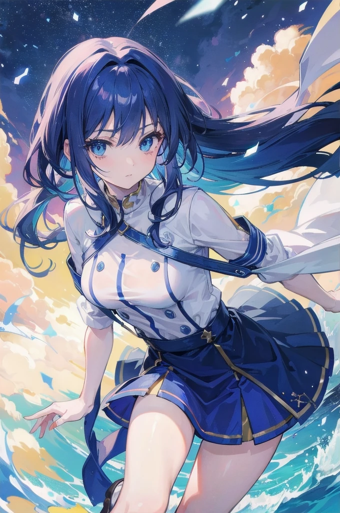 ((Highest quality, 8k, Masterpiece)) Anime character with long deep blue hair and blue eyes, Young woman anime visual, Today&#39;s Featured Anime Stills, White-haired God, Official Art, Cute girl anime visuals, popular Isekai anime, tsuaii, Marisa the Mist God, Anime movies, Anime, isekai, Hestia, Albedo&#39;s Transparency from the Anime Overlord 16 Years Old　A small blue ribbon in her hair、smile