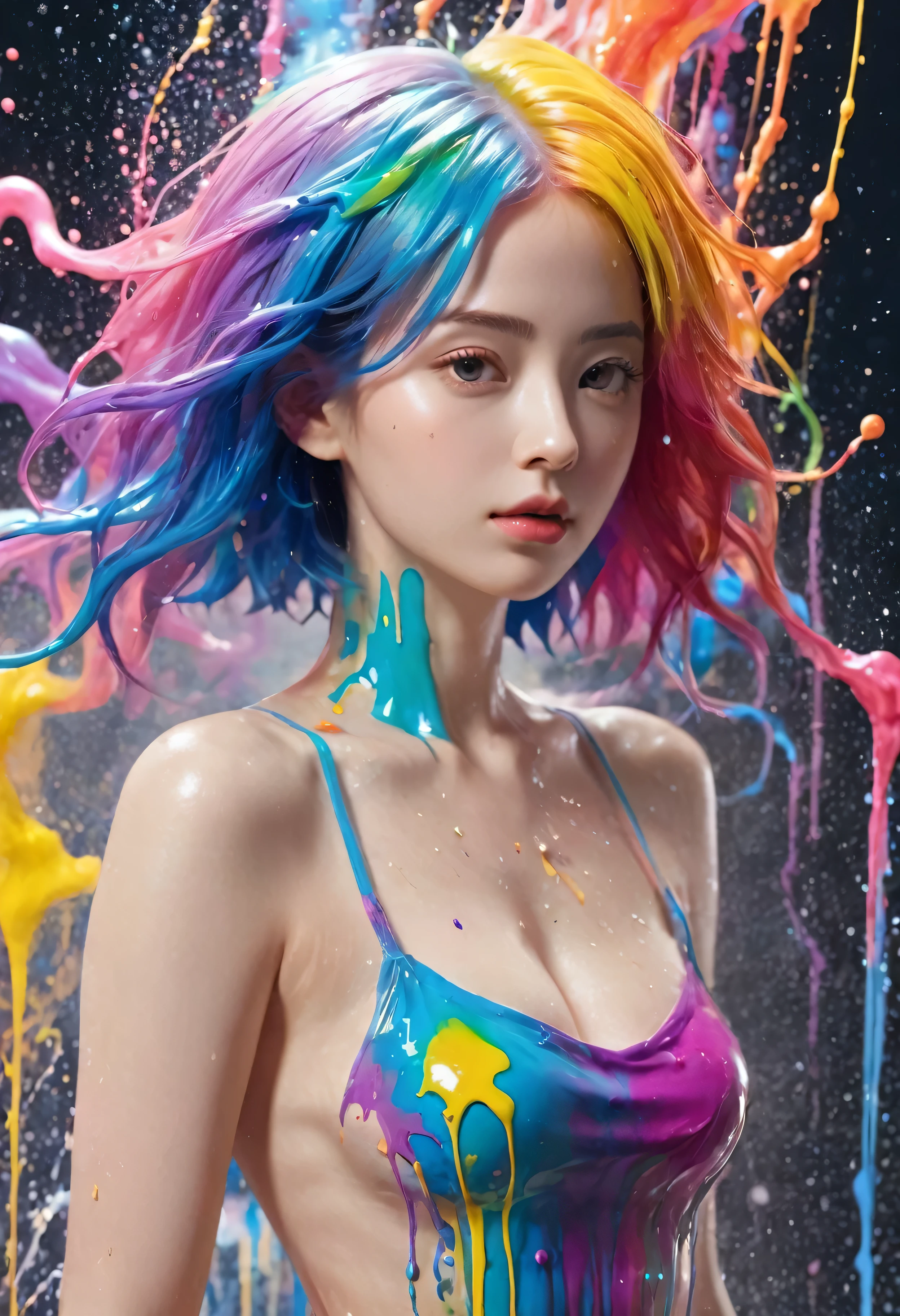 (Level Difference:1.8),(Paints collide and splatter on the canvas),(Depth of written boundary),(Flat Color:1.1,(theme)),1 girl,Poster,, Young face, Short Hair, Medium bust, (Liquid dye applied to naked skin:1.4), Full body woman love,Strong winds,thick smoke,,(liquid dye for rainbow hair:1.1) Painted,anti-gravity,stringy viscous liquid,(Paint splashes:1.3),liquidity,Stunningly beautiful, masterpiece, Detailed Background,Super high quality model, Fantastic Background,Abstract Beauty, Volume, Painting,Blowing,Romantic lighting,Scattered beneath the surface,Shine,8k,High resolution, wonderful,Ray Tracing,Human Development Report,Divine Light,