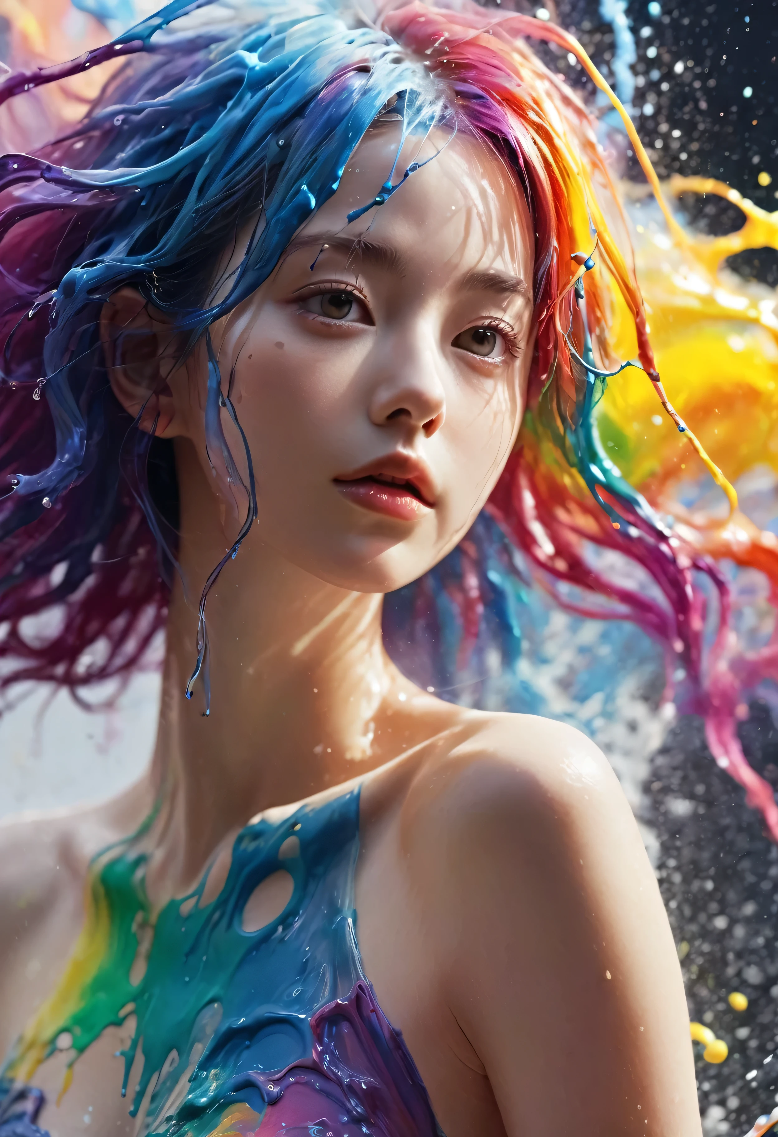 (Level Difference:1.8),(Paints collide and splatter on the canvas),(Depth of written boundary),(Flat Color:1.1,(theme)),1 girl,Poster,14 years old, Young face, Short Hair, Medium bust, (Liquid dye applied to naked skin:1.4), Full body woman love,Strong winds,thick smoke,,(liquid dye for rainbow hair:1.1) Painted,anti-gravity,stringy viscous liquid,(Paint splashes:1.3),liquidity,Stunningly beautiful, masterpiece, Detailed Background,Super high quality model, Fantastic Background,Abstract Beauty, Volume, Painting,Blowing,Romantic lighting,Scattered beneath the surface,Shine,8k,High resolution, wonderful,Ray Tracing,Human Development Report,Divine Light,