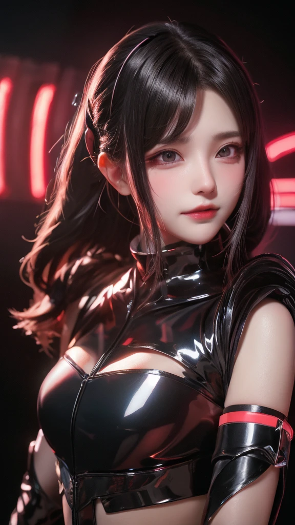 high resolution,8k,1女の子のDetailed, Cyberpunk Costume,Only black clothing,The costume is shiny,Shiny red long hair,8k,Detailed目,8k, Detailed,The background is white