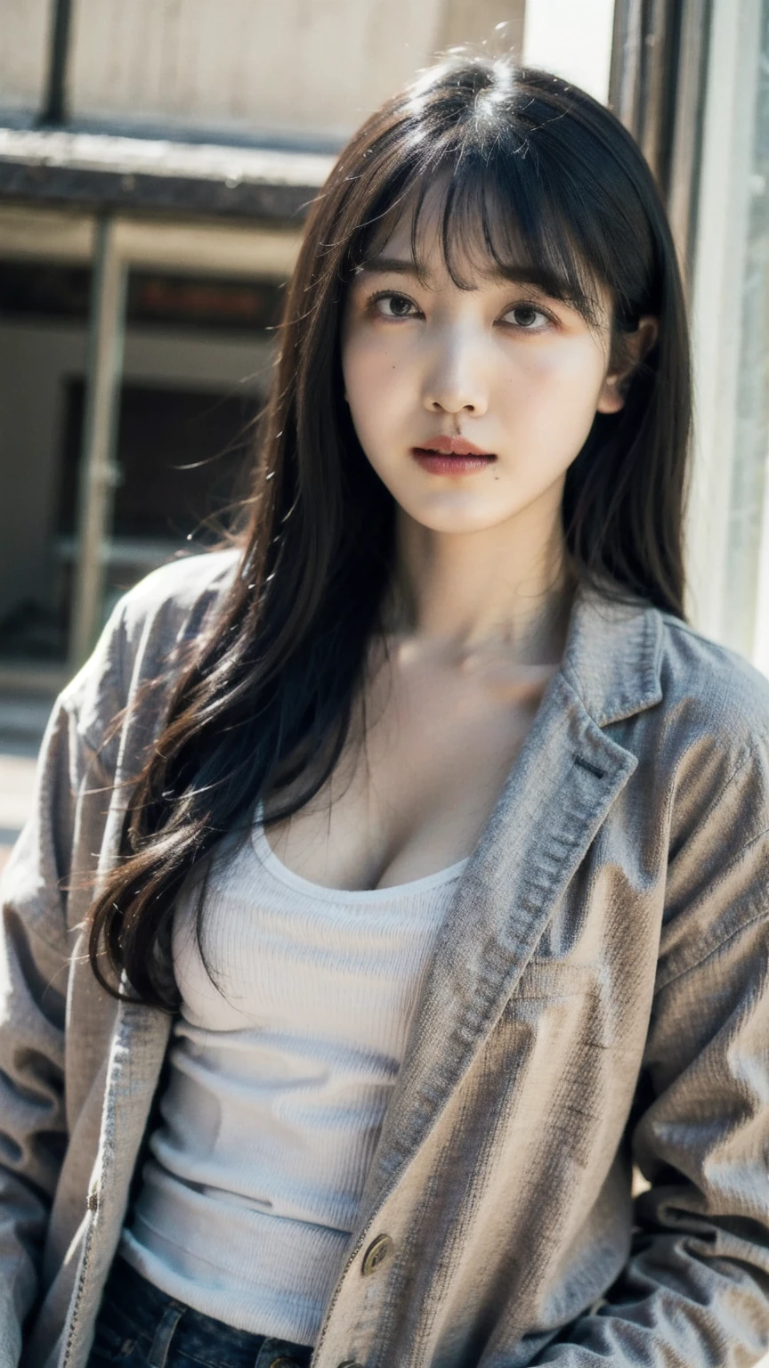 knit tanktop, coat, , (photorealistic:1.4), (best quality:1.0), (ultra highres:1.0), 8k, RAW photo, (masterpiece:0.2), , zydG, 1girl, detailed skin, looking at viewer, brown eyes, (long hair with bangs:1.2), (natural breasts), (large areolae:0.8), , (pureerosface_v1:0.5)