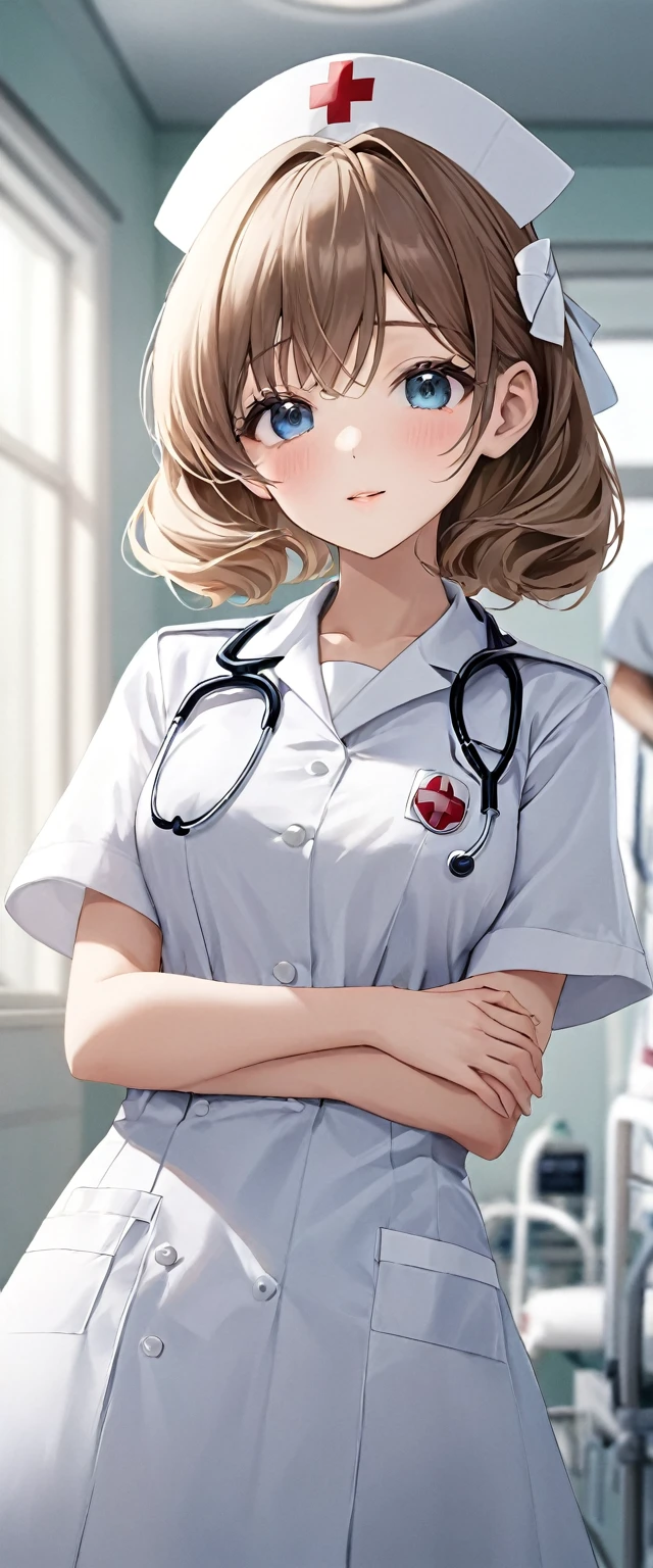 Nurse.A professional image full of love and responsibility。Hospital background(best quality:1.2), (High resolution:1.2), (beautiful face and eyes:1.2), (sharpest focus:1.2), (Hyper-realistic photos:1.2), (Super accurate photos:1.2), (Depth of Field:1.2), (perfect :1.2), (Beautiful hands:1.2), (perfect hands:1.2), (Wearing a crisp white nurse's uniform,Wearing a nurse hat and a slender figure,Elegant manners, generous appearance and kind face,Gentle and considerate eyes),

