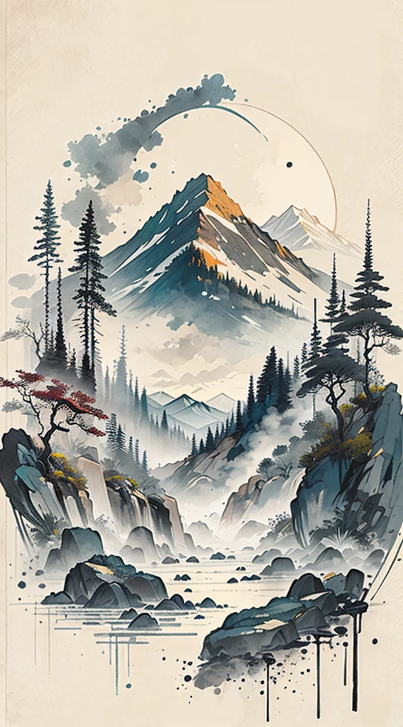 (masterpiece, best quality: 1.2), (No_Humanity), mountains in the distance, Chinese traditional ink painting, houses, tombstone, meadows