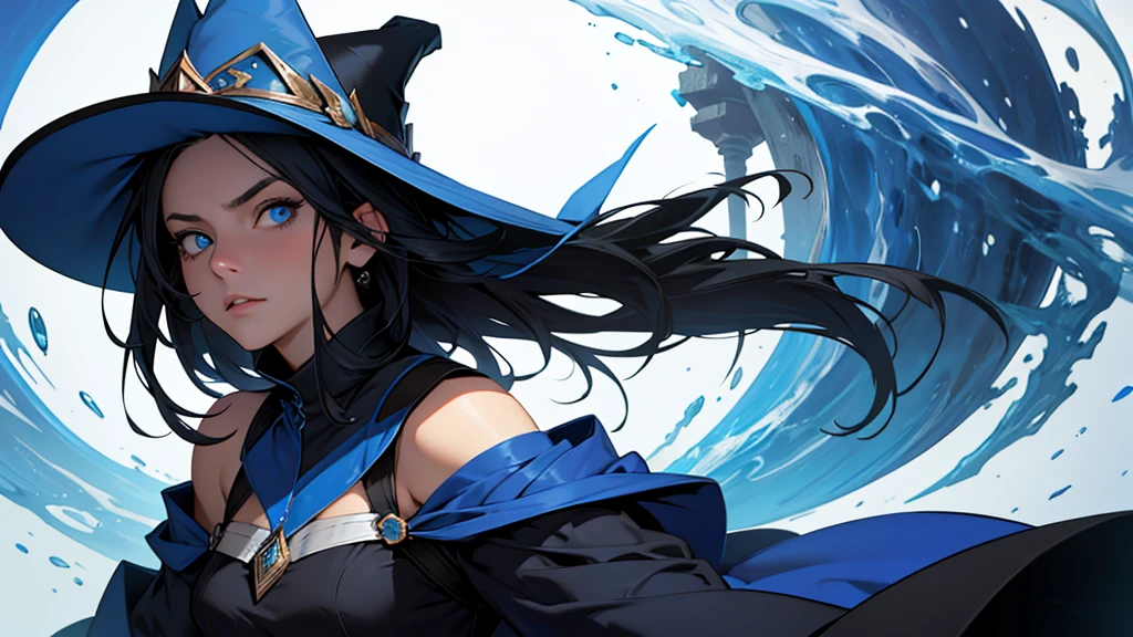 4k ultra high quality, human woman, sharp blue eyes, round face, small slightly upturned nose, curious expression, shoulder length blue-black hair, wearing modest blue dress, wearing an oversized big very large rimmed blue wizard hat fully in the image
