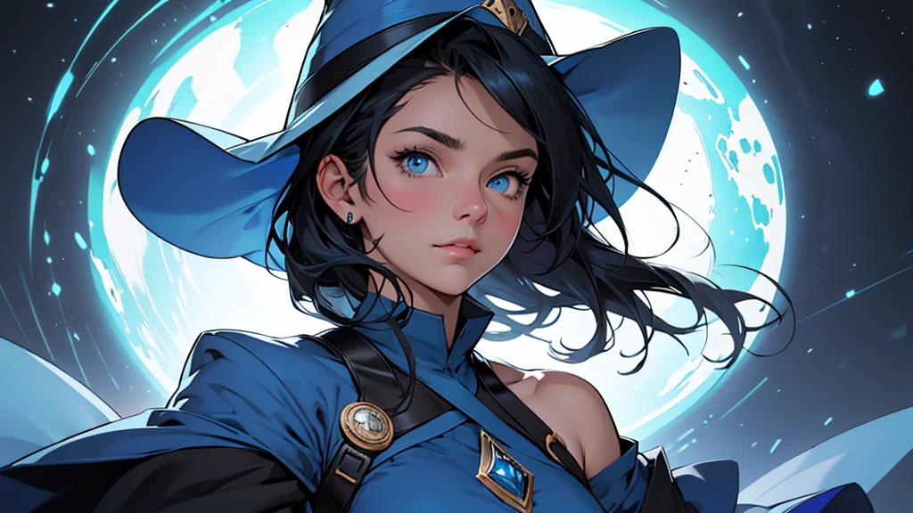 4k ultra high quality, human woman, sharp blue eyes, round face, small slightly upturned nose, curious expression, shoulder length blue-black hair, wearing modest blue dress, wearing an oversized big very large rimmed blue wizard hat fully in the image