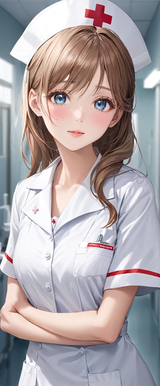 Nurse.A professional image full of love and responsibility。Hospital background(best quality:1.2), (High resolution:1.2), (beautiful face and eyes:1.2), (sharpest focus:1.2), (Hyper-realistic photos:1.2), (Super accurate photos:1.2), (Depth of Field:1.2), (perfect anatomy:1.2), (Beautiful hands:1.2), (perfect hands:1.2), (Wearing a crisp white nurse's uniform,Wearing a nurse hat and a slender figure,Elegant manners, generous appearance and kind face,Gentle and considerate eyes),
