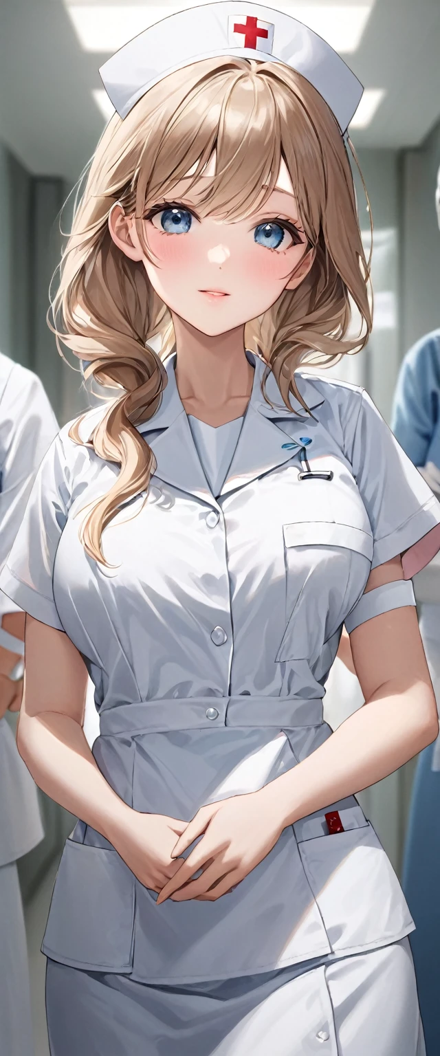 Nurse.A professional image full of love and responsibility。Hospital background(best quality:1.2), (High resolution:1.2), (beautiful face and eyes:1.2), (sharpest focus:1.2), (Hyper-realistic photos:1.2), (Super accurate photos:1.2), (Depth of Field:1.2), (perfect :1.2), (Beautiful hands:1.2), (perfect hands:1.2), (Wearing a crisp white nurse's uniform,Wearing a nurse hat and a slender figure,Elegant manners, generous appearance and kind face,Gentle and considerate eyes),
