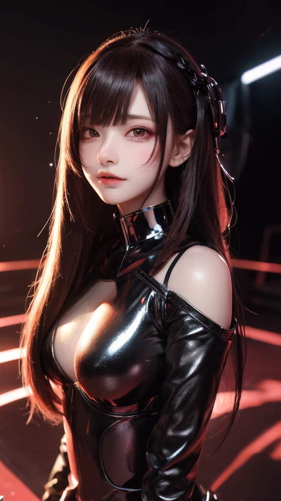 high resolution,8k,1女の子のDetailed, Cyberpunk Costume,Only black clothing,The costume is shiny,Shiny red long hair,8k,Detailed目,8k, Detailed,The background is white