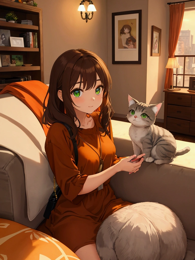 A young lady with a friendly and vibrant aura, dressed in a casual brown dress, stands in her cozy, well-lit living room. Her half-tied brown hair complements her lively personality. She holds a stylish handbag while a gray and white fluffy cat with striking green eyes sits elegantly on the couch. On the floor, an energetic orange tabby kitten with bright, curious eyes plays with a movie ticket. The room is warm and inviting, filled with vibrant colors and plush furnishings, setting a playful and intimate atmosphere.